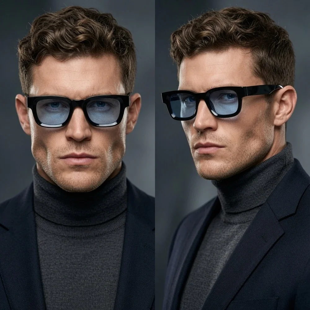 Square Sunglasses Blue Lens Black Frame Mens Fashion Sun Glasses Classic Lentes‎